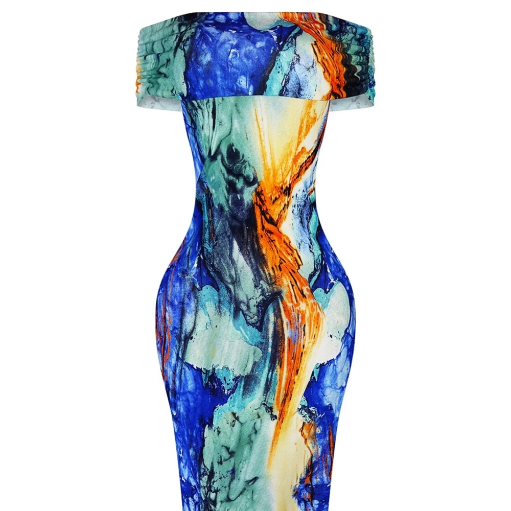 Abstract Blue and Orange Maxi Dress